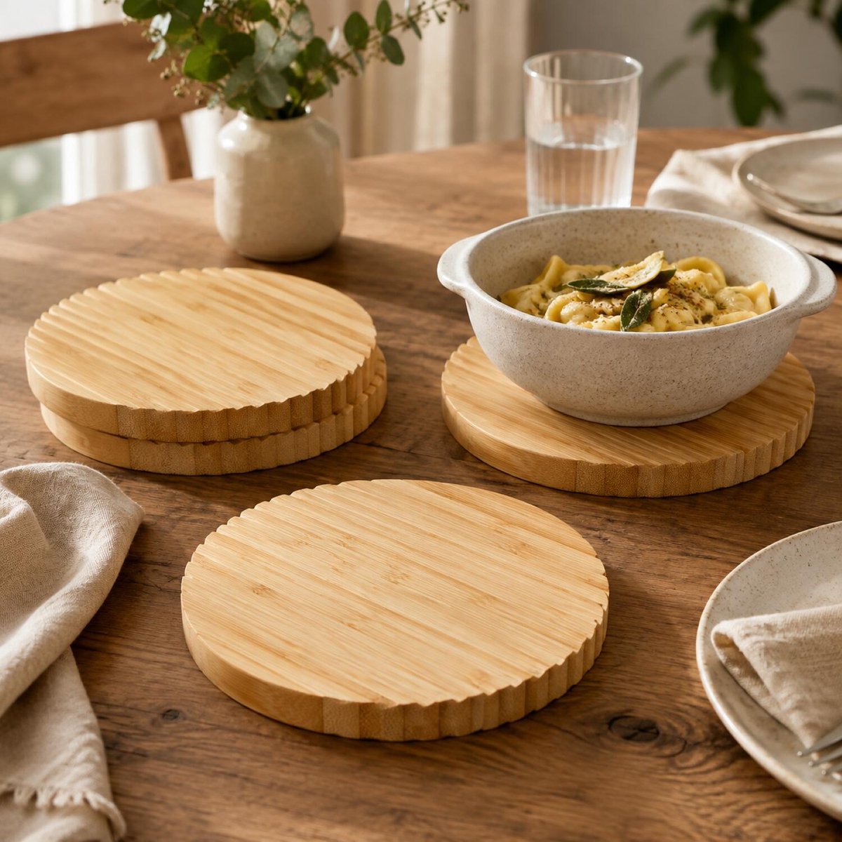 Secret de Gourmet pannen onderzetter - 2x - D18 x H2 cm - bamboe hout - extra dikke schijven - rond - Pannenonderzetter