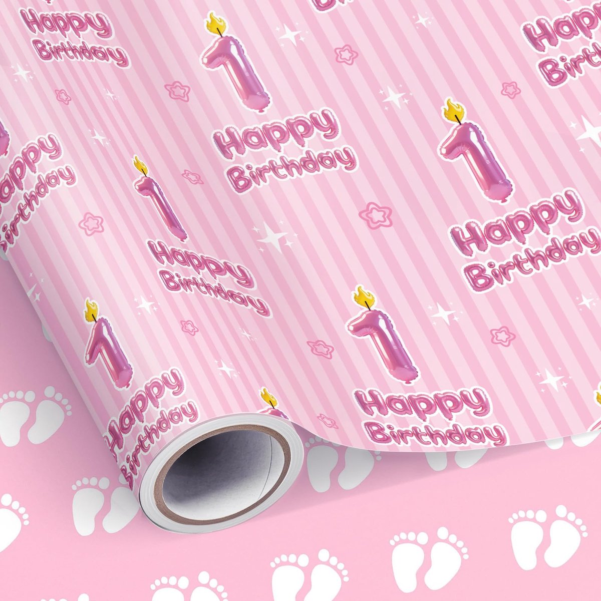 SHUCHING 1e verjaardag roze inpakpapier rol voor meisjes - 43 cm x 10 m, omkeerbare voetafdruk en strepen - ShopVlot