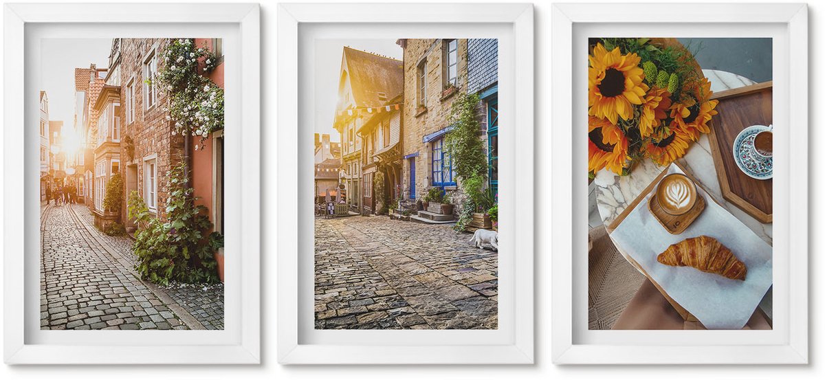 Wallfluent 3-Delige Schilderij Set - Sfeervolle Straatjes Met Koffie En Zonnebloemen - 20 x 30 - Muurdecoratie - Decoratieve Schilderijen - Wohnzimmer - Woonkamer Decoratie