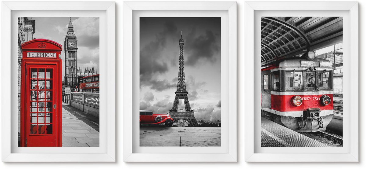 Wallfluent 3-Delige Schilderij Set - Iconische Steden: Londen, Parijs En Het Spoorvervoer - 20 x 30 - Stijlvolle Muurdecoratie - Slaapkamer