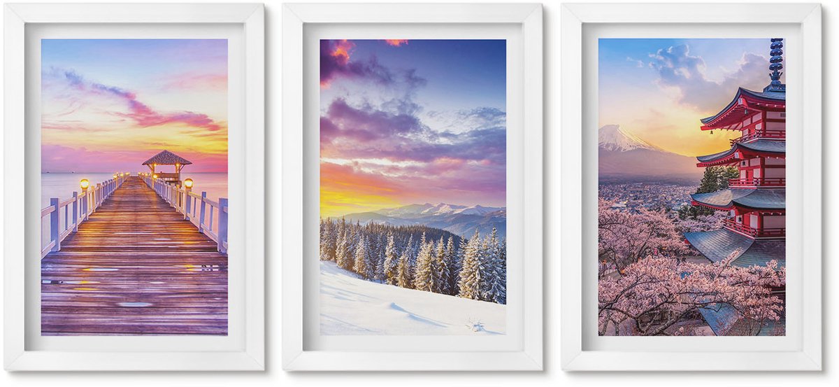 Wallfluent 3-Delige Schilderij Set - Romantische Landschappen Met Schilderachtige Luchten - 20 x 30 - Muurdecoratie - Wanddecoratie - Hal - Decoratieve Schilderijen