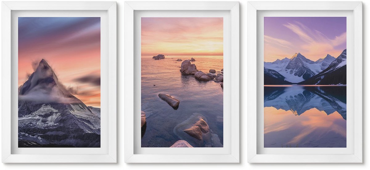 Wallfluent 3-Delige Schilderij Set - Landschappen, Bergen, Meren En Zonsondergang - 20 x 30 - Wanddecoratie - Schilderijen Set - Kantoor - Stijlvolle Muurdecoratie