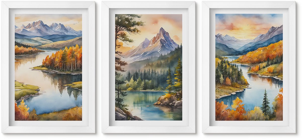 Wallfluent 3-Delige Schilderij Set - Berglandschappen Met Een Rivier En Kleurrijke Bomen - 20 x 30 - Wanddecoratie - Moderne Interieurdecoratie