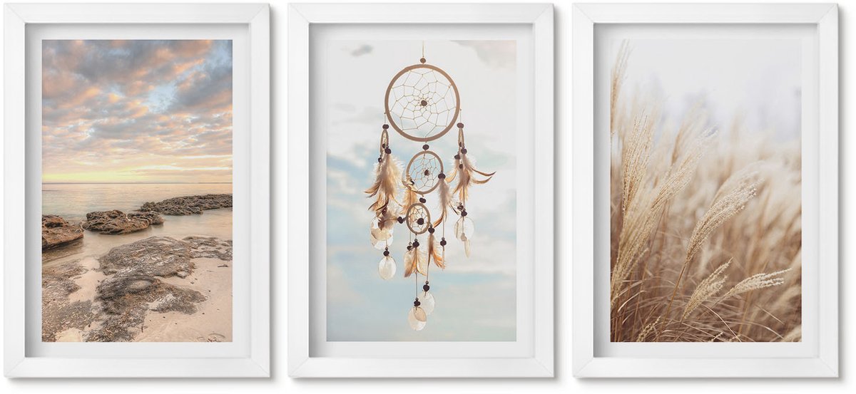 Wallfluent 3-Delige Schilderij Set - Zeezicht Met Wolken, Dromenvanger En Gras - 20 x 30 - Muurdecoratie - Decoratieve Schilderijen - Wohnzimmer - Interieur Decoratie