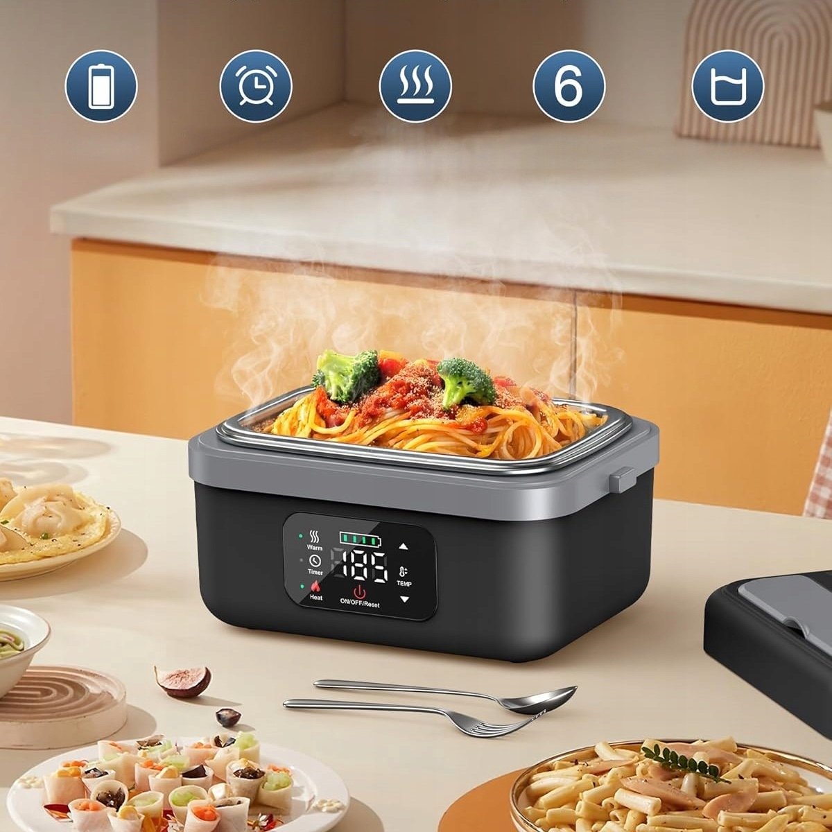 Elektrische Lunchbox - Verwarmde Bento Box - Thermos Lunchbox - 1000 ml - 60W Snel Verwarmend - 6 Temperatuurstanden - Voorverwarmen - ook Powerbank - met Isolatietas - Draagbare Broodtrommel - Voor Kantoor & School & Auto - Zwart en Grijs — cadeau in Kookcadeaus - foto 5