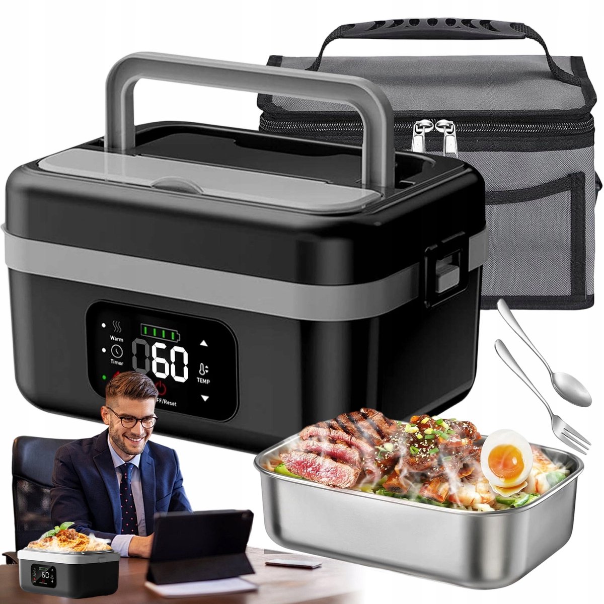 Elektrische Lunchbox - Verwarmde Bento Box - Thermos Lunchbox - 1000 ml - 60W Snel Verwarmend - 6 Temperatuurstanden - Voorverwarmen - ook Powerbank - met Isolatietas - Draagbare Broodtrommel - Voor Kantoor & School & Auto - Zwart en Grijs