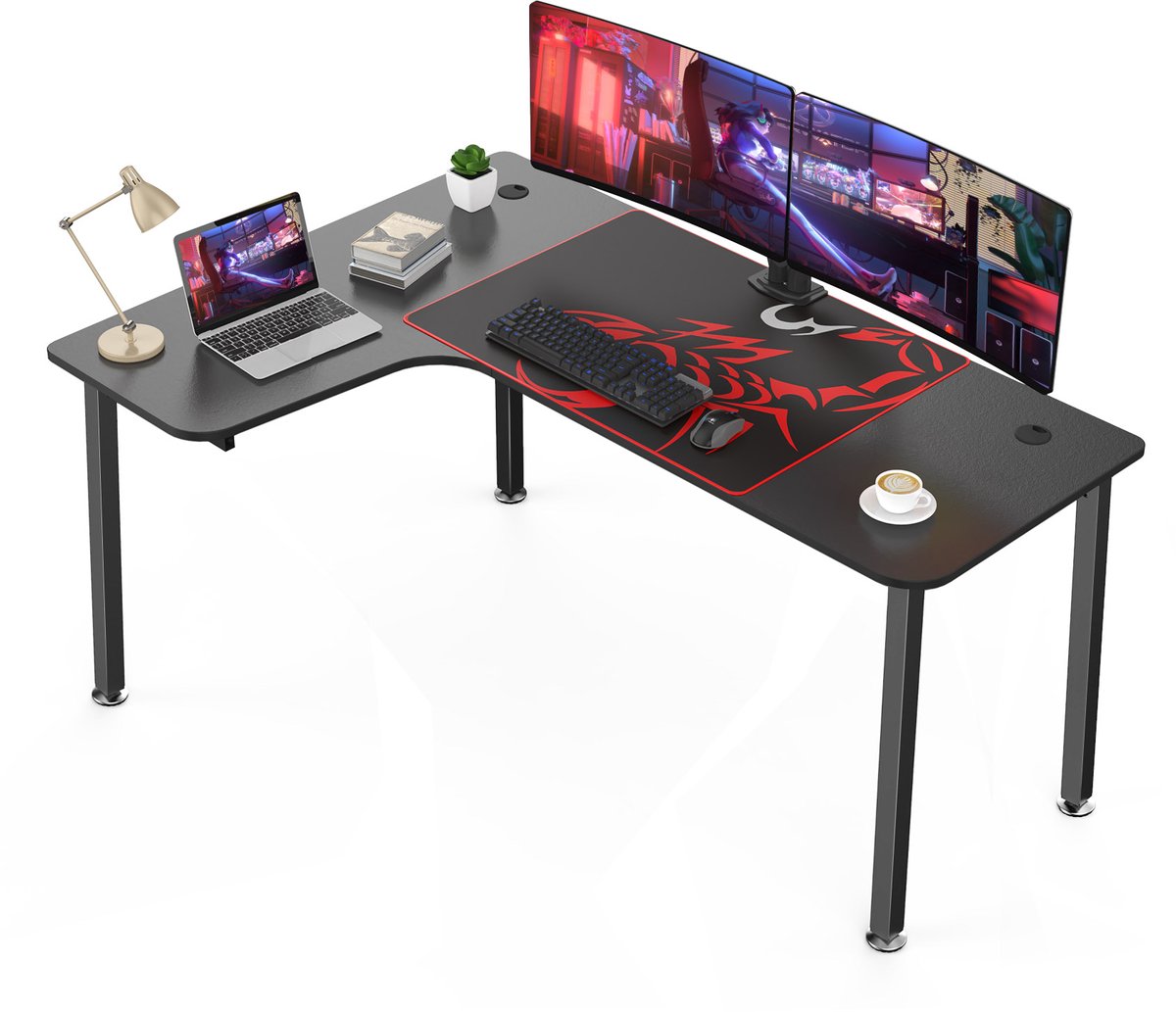 LAPAMAX bureau voor thuiswerken en studeren - gamingbureau met ruim zwart werkblad - L-vormig hoekbureau links - circa 157,5 x 111,8 x 76,2 cm - P2-spaanplaat met metalen poten - inclusief waterafstotende muismat