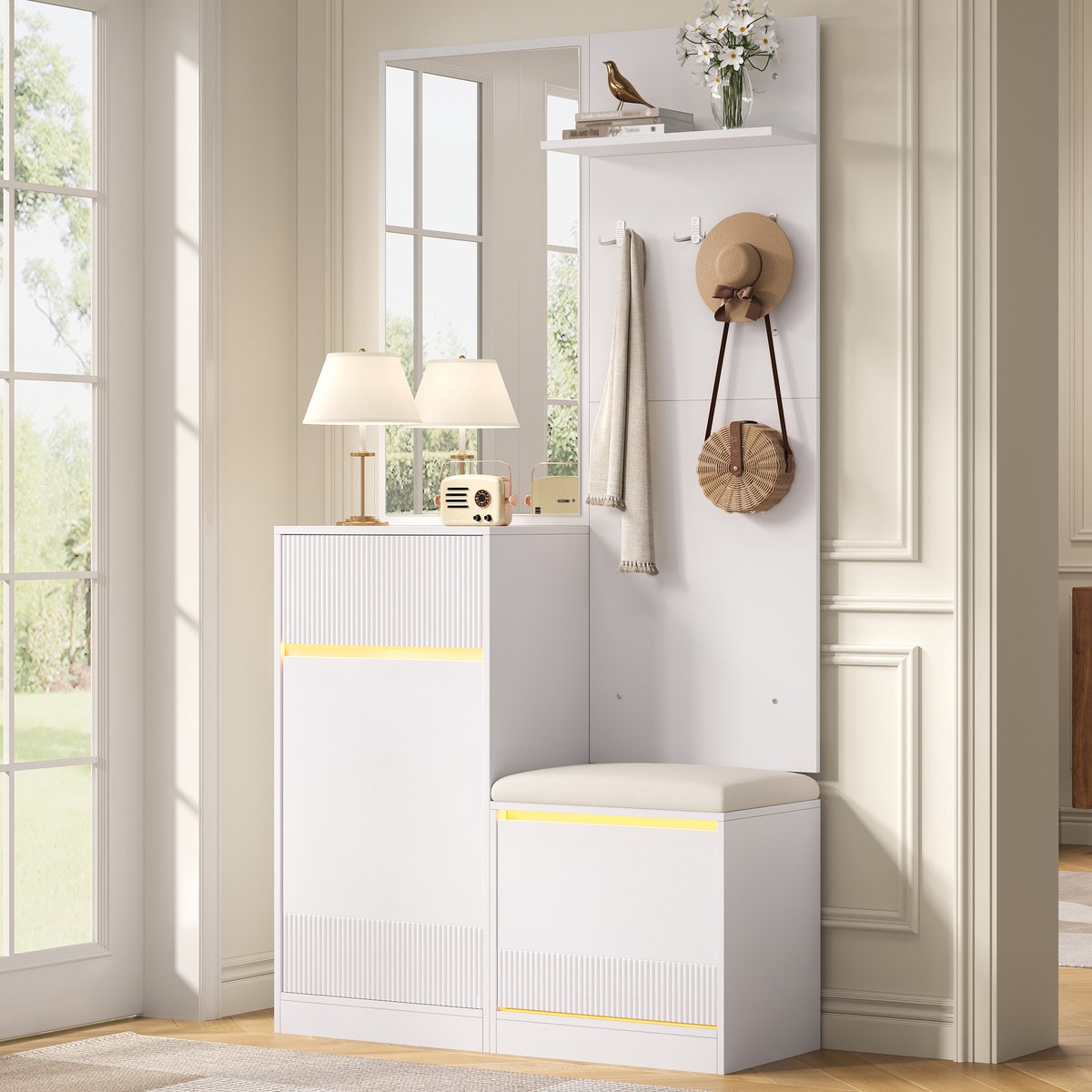 Schoenenkast Met Spiegel En Zitbank - Ledverlichting Met Appbediening - Moderne Haloplossing - MDF En Spaanplaat - 105x38x190 Cm - Wit
