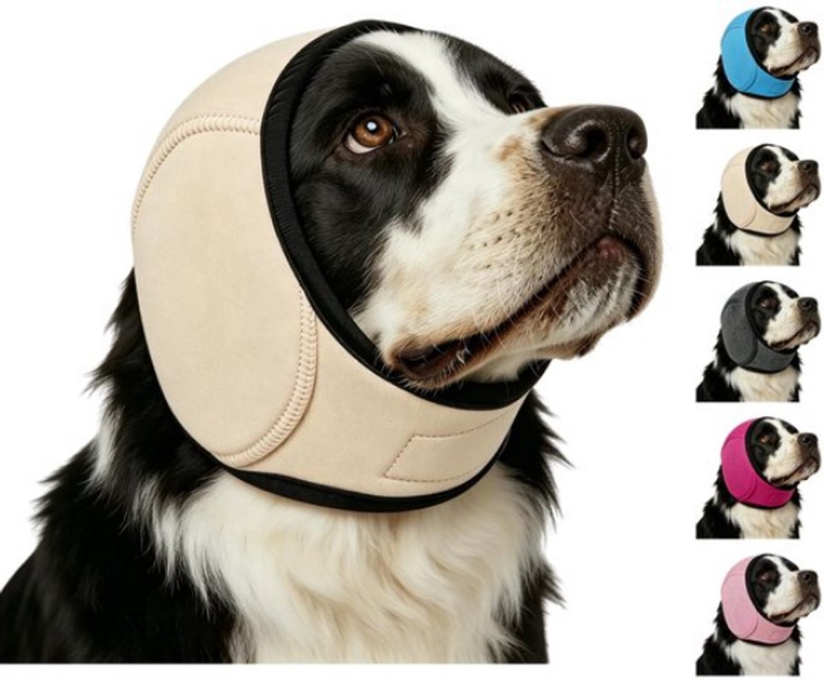 Geluiddempende oorkap - Honden anti-schud oorkappen - Geluidsbescherming tegen vuurwerk, onweer en stofzuiger - Comfortabele rustgevende capuchon voor honden - Verstelbaar (Beige, XL)