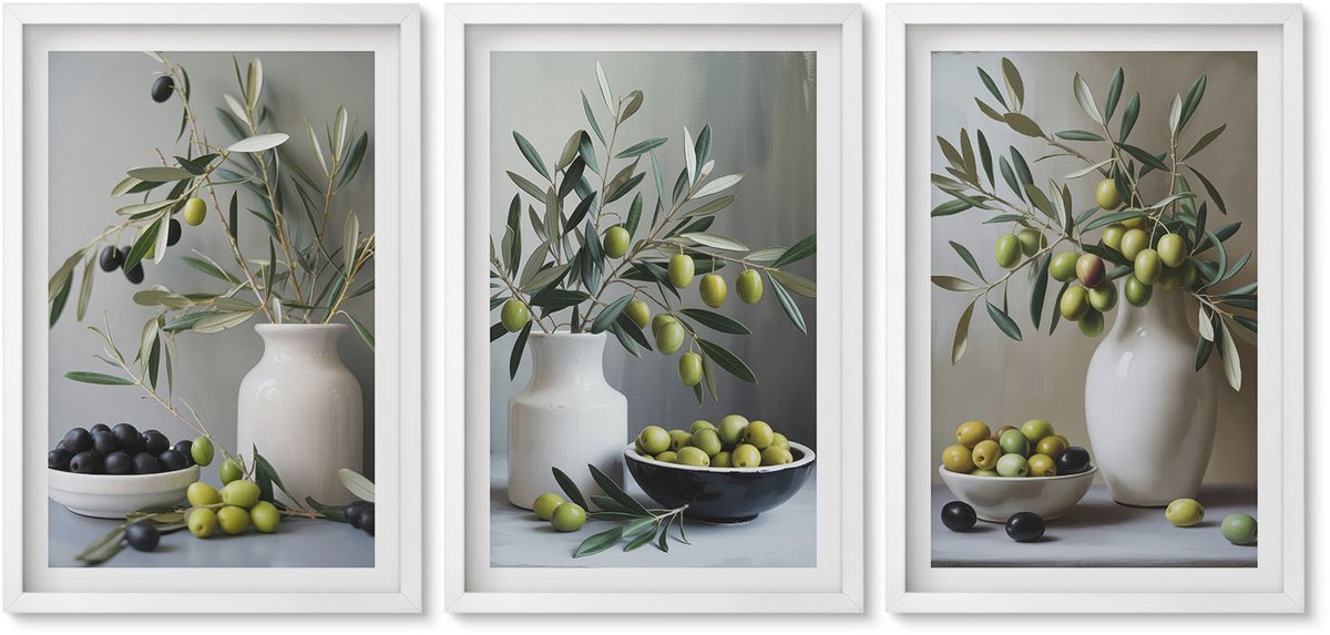 Wallfluent 3-Delige Schilderij Set - Olijven In Vazen ​​Met Takken Op Een Grijze Achtergrond - 40 x 60 - Muurdecoratie - Decoratieve Schilderijen - Wohnzimmer - Moderne Wanddecoratie