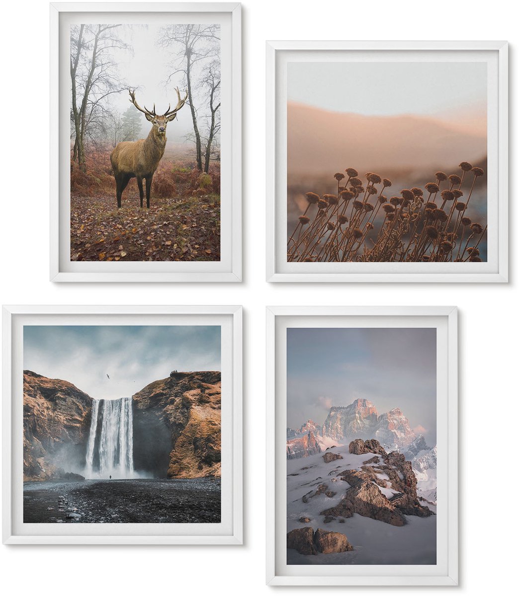 Wallfluent 4-Delige Schilderij Set - Natuurlijke, Ongerepte Landschappen, Bergen, Herten En Watervallen. - 40 x 40 En 40 x 60 - Wanddecoratie - Muurdecoratie - Woonkamer - Moderne Wanddecoratie