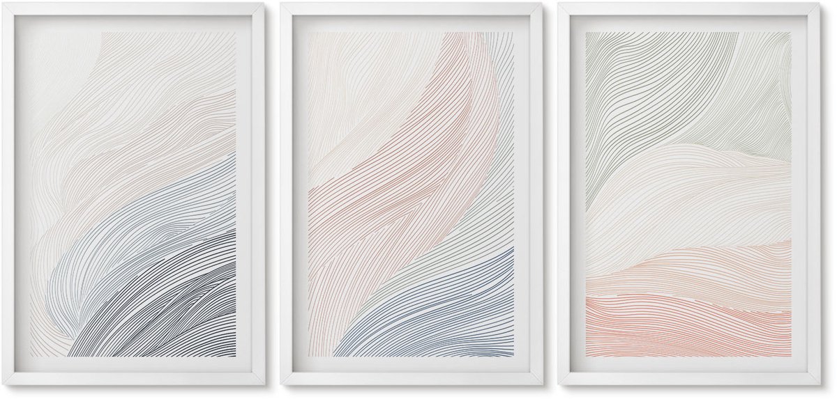 Wallfluent 3-Delige Schilderij Set - Abstracte Golven Schilderij Op Karton Met Pastelkleuren - 40 x 60 - Wanddecoratie - Muurdecoratie - Woonkamer - Woonkamer Decoratie