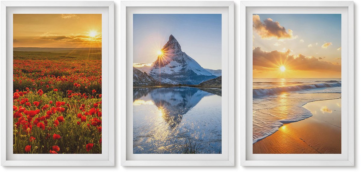 Wallfluent 3-Delige Schilderij Set - Berg- En Kustlandschappen Met Zonsondergang - 40 x 60 - Wanddecoratie - Woonkamer Decoratie - Stijlvolle Muurdecoratie