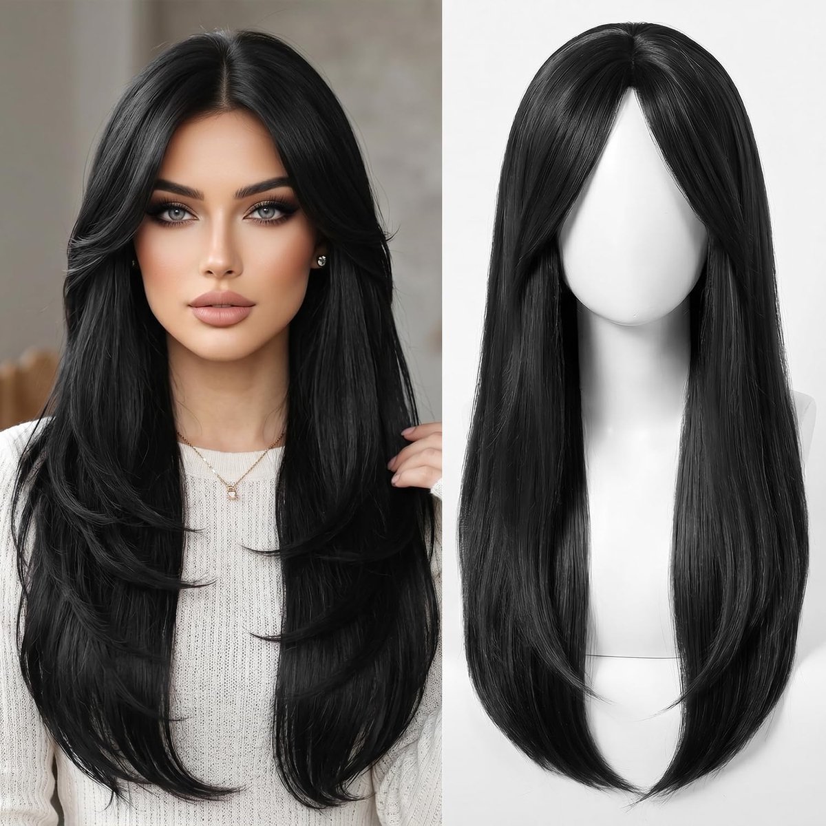 Wig vrouwen lang zwart - 66 cm hittebestendige synthetische haar - lange rechte gelaagde look - ShopVlot