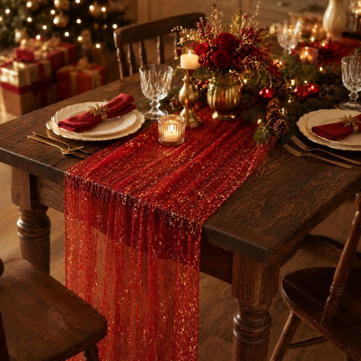 Tafelloper Rood 70x300 cm - Organza met glitterfolie - Luxe kerstdecoratie - Creëer een feestelijke sfeer - ShopVlot