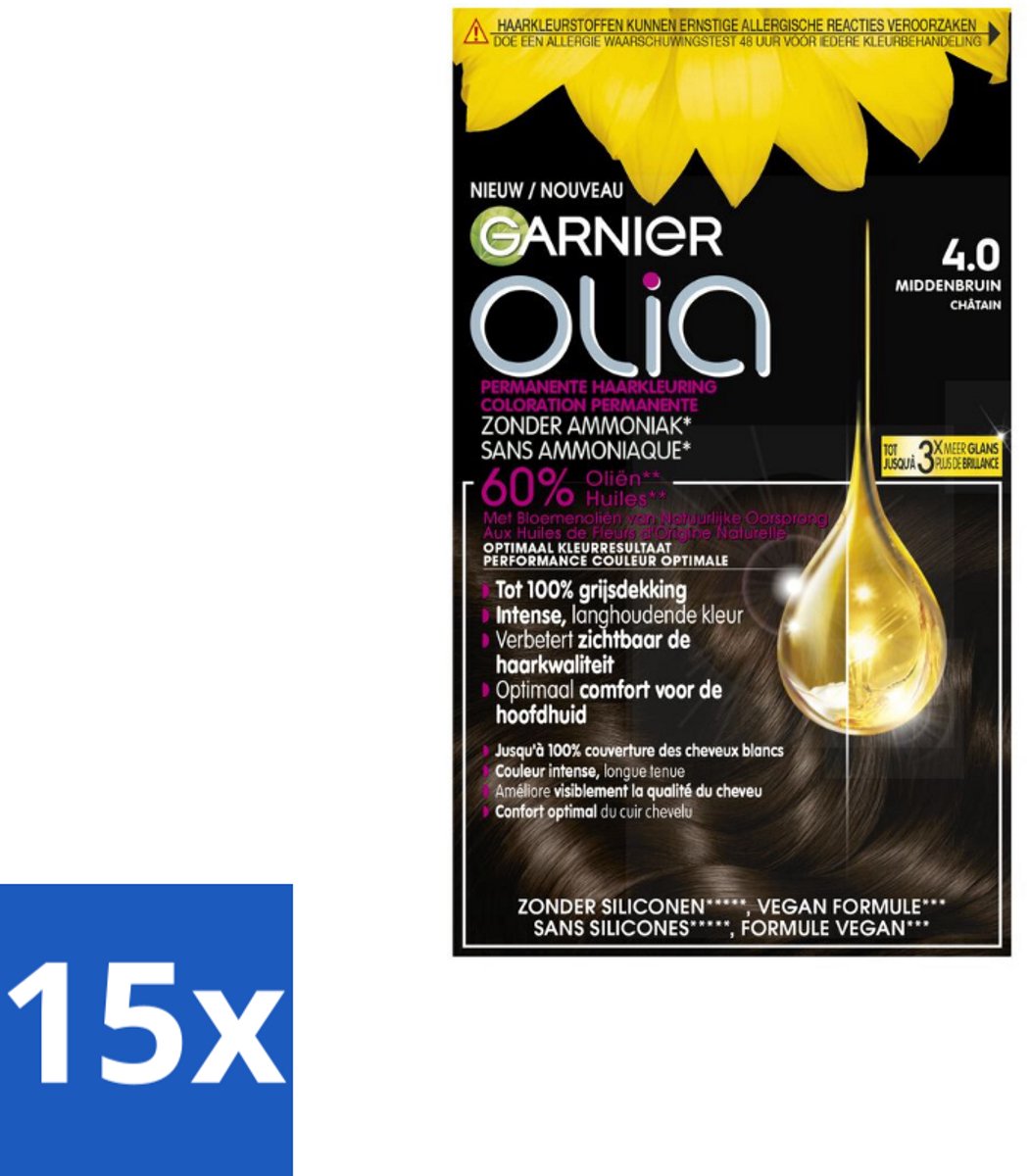 15 x Garnier - Olia 4 - Haarkleuring - Middenbruin - Zonder Ammoniak - 60% Olie - Permanente Kleur - Haarkleuring - Middenbruin - Permanent - Zonder Ammoniak - 60% Olie