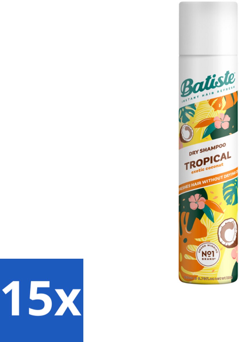 15 x Batiste - Tropical - Droogshampoo - Tropische Geur - Verfrist en Stylet - 200ml - Droogshampoo - Tropische Geur - Fris Haar - Vet Haar - Volume Haar