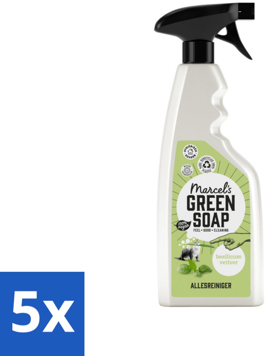 5 x Marcel's Green Soap - Allesreiniger Spray - Basilicum & Vetiver gras - Natuurlijk & effectief - 500 ml - Allesreiniger Spray - Natuurlijke Reiniger - Vegan Reiniger - Frisse Geur - Vuil Verwijderen