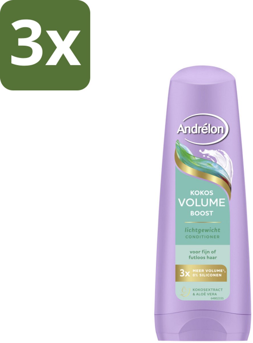 3 x Andrélon – Conditioner – Volume Boost – 200 ml - Fijn Haar - Futloos Haar - Volume Boost - Kokos Conditioner - Aloë Vera