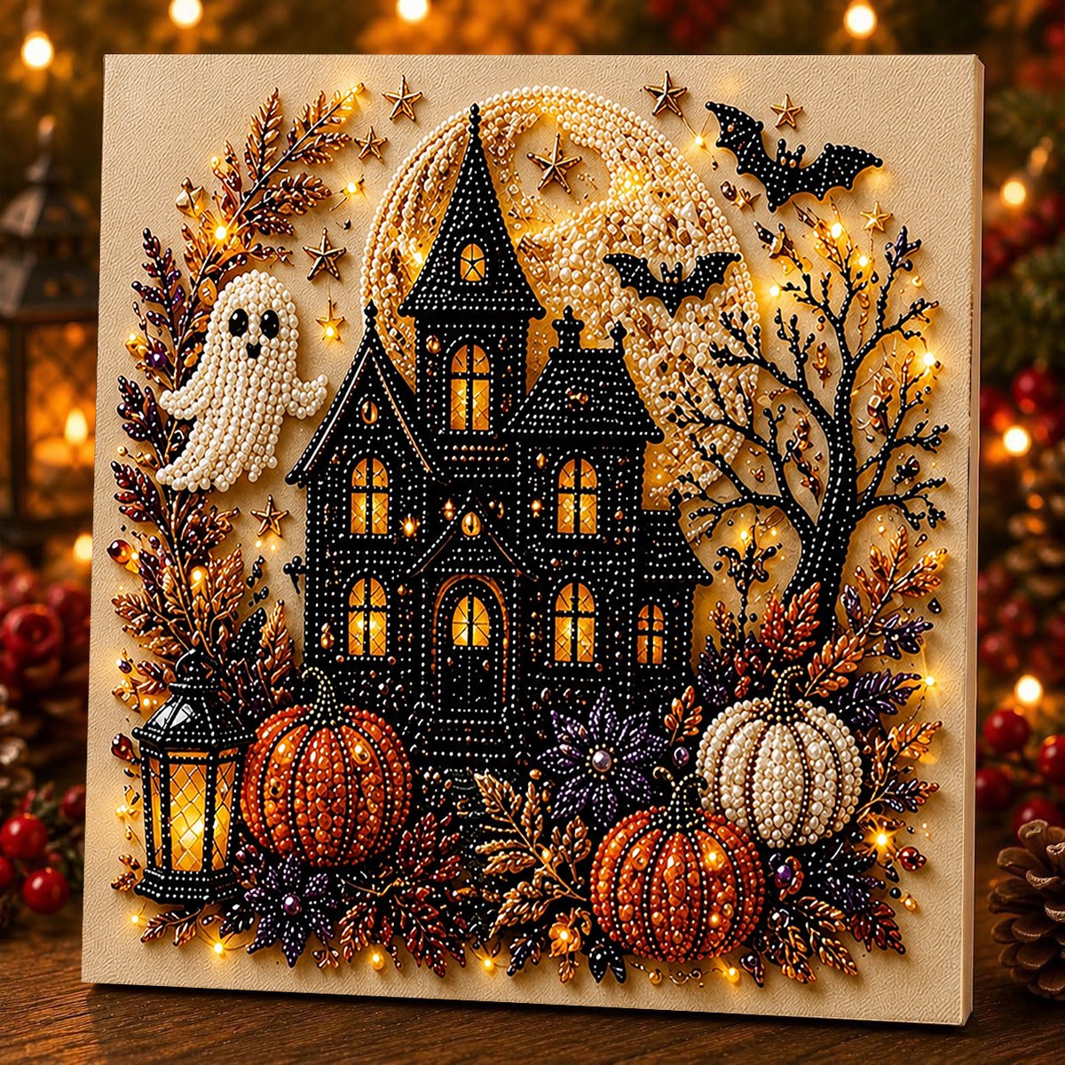 Halloween kasteel Parel Kunst DIY-set – griezelig schattige 3D-diamantschilderij, herfstdecoratie voor aan de muur, knutselpakket voor volwassenen en beginners