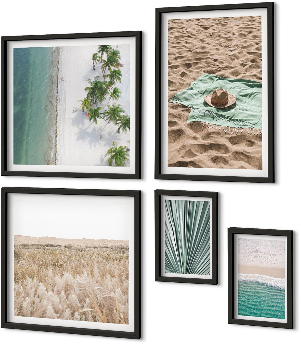 Coloray 5-Delige Schilderij Set - Ontspannend Uitzicht Op Het Strand En Tropische Natuur - 50 x 50 cm, 20 x 30 cm En 40 x 60 cm - Wanddecoratie - Muurdecoratie - Moderne Interieurdecoratie - Interieur Decoratie Zwarte lijst
