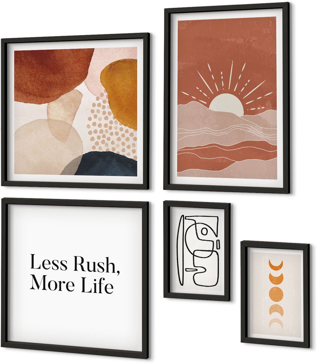 Coloray 5-Delige Schilderij Set - Stijlvolle Afbeeldingen Met Abstracte Vormen En De Zon. - 50 x 50 cm, 20 x 30 cm En 40 x 60 cm - Wanddecoratie - Muurdecoratie - Moderne Interieurdecoratie - Decoratieve Schilderijen