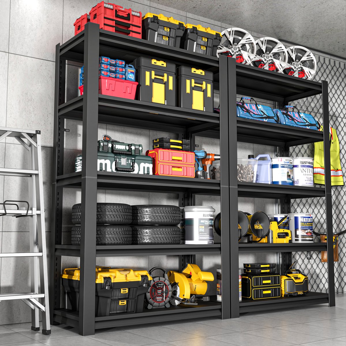 REDOM - Metalen opbergrek - 5 niveaus - Verstelbare legplanken - Open industriële stijl - Garage, kelder, werkplaats - Metaal - Zwart - 198 x 120 x 45,7 cm