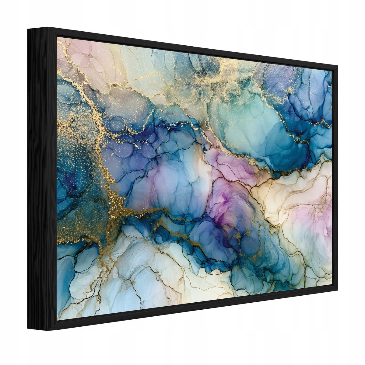WALLARENA Schilderij op canvas met zwarte lijst - 40x30 cm - gouden marmerabstractie in glamourstijl - voor slaapkamer en woonkamer Blauw
