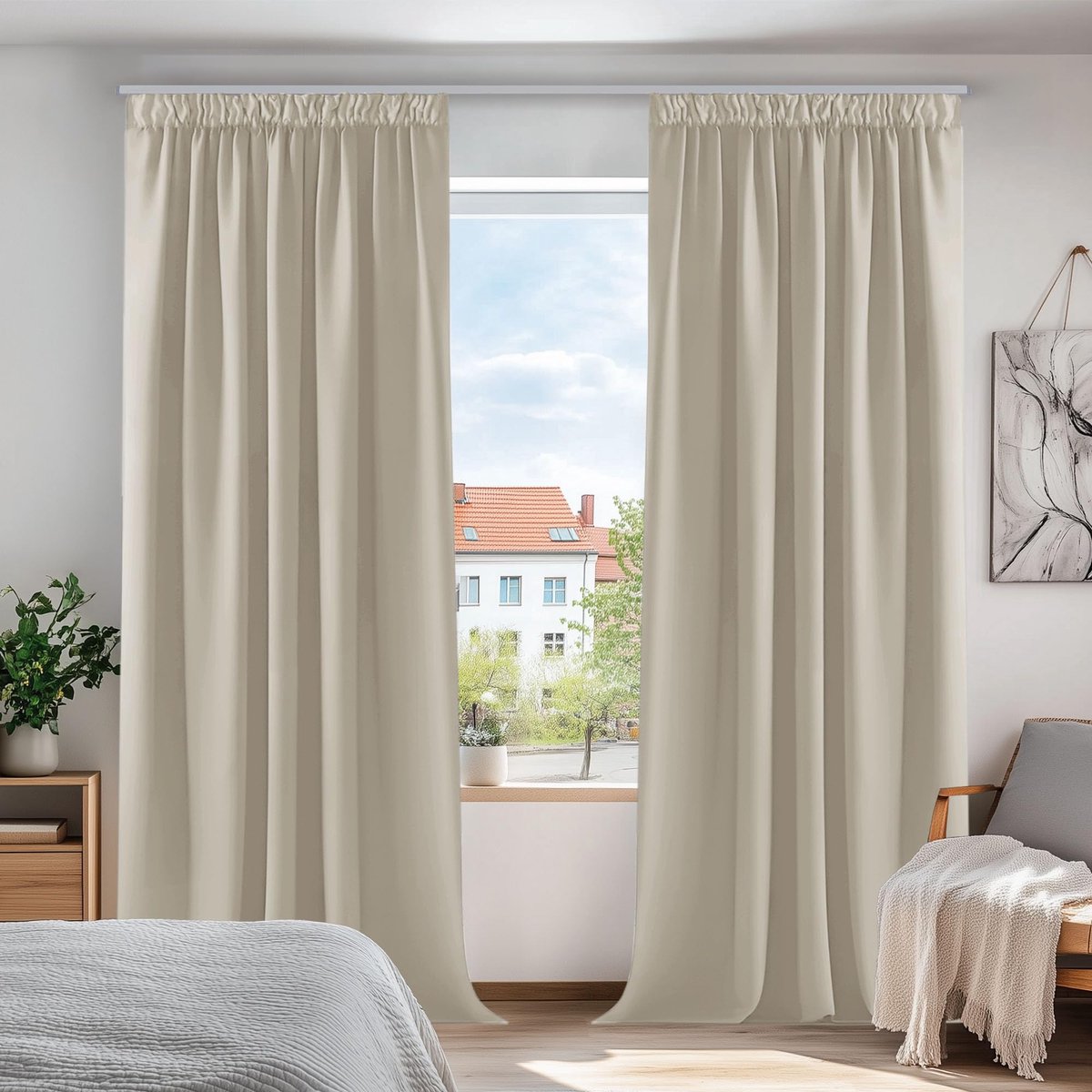 Famanu Set van 2 thermische verduisteringsgordijnen, koudewerend en isolerend, plooiband, beige, 229 x 229 cm, deurgordijn Crème