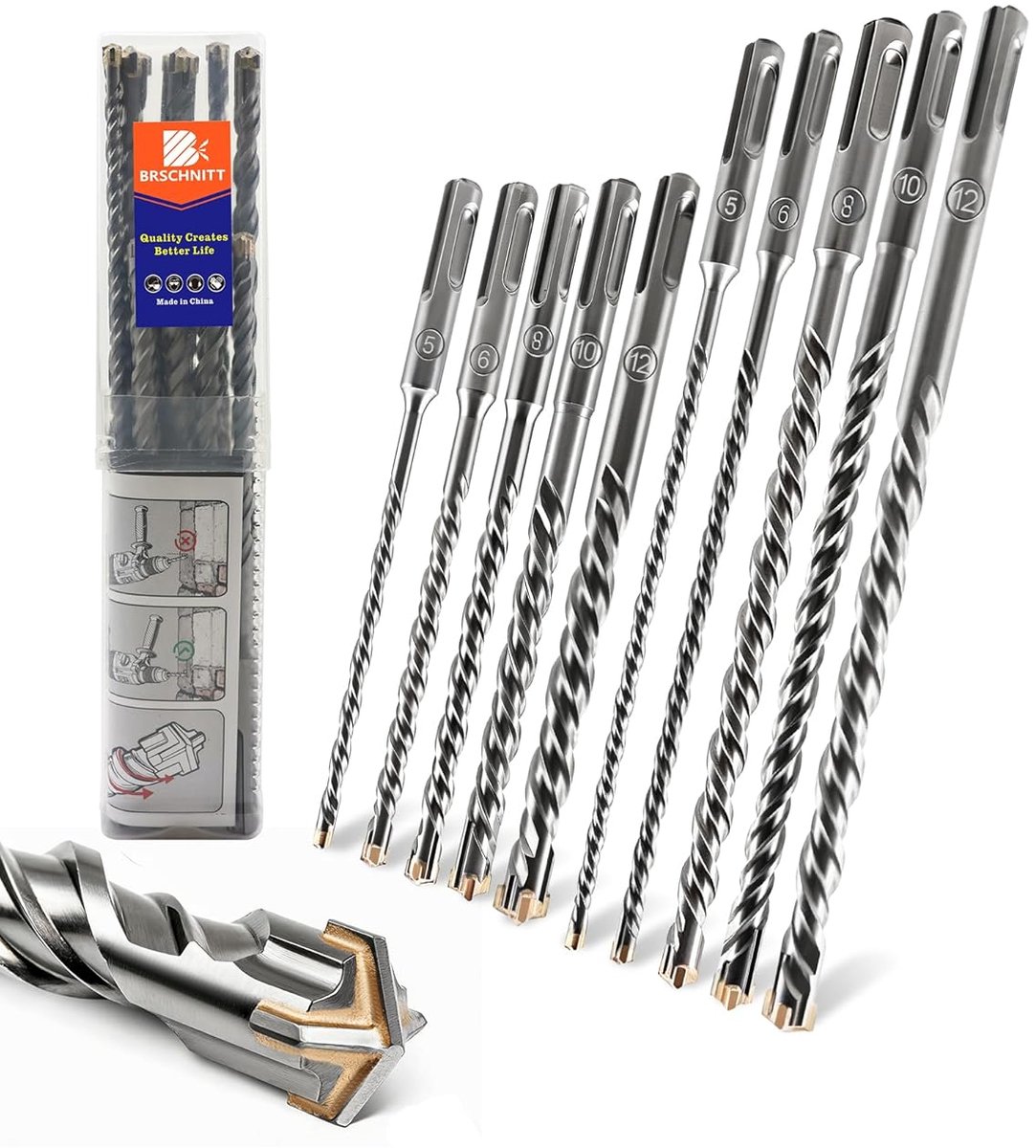 SDS Plus Hammer Drill Bit Set - 5/6/8/10/12 x 160 mm + 5/6/8/10/12 x 210 mm, 10 Pieces Carbide Drill Bit SDS Plus for - ShopVlot