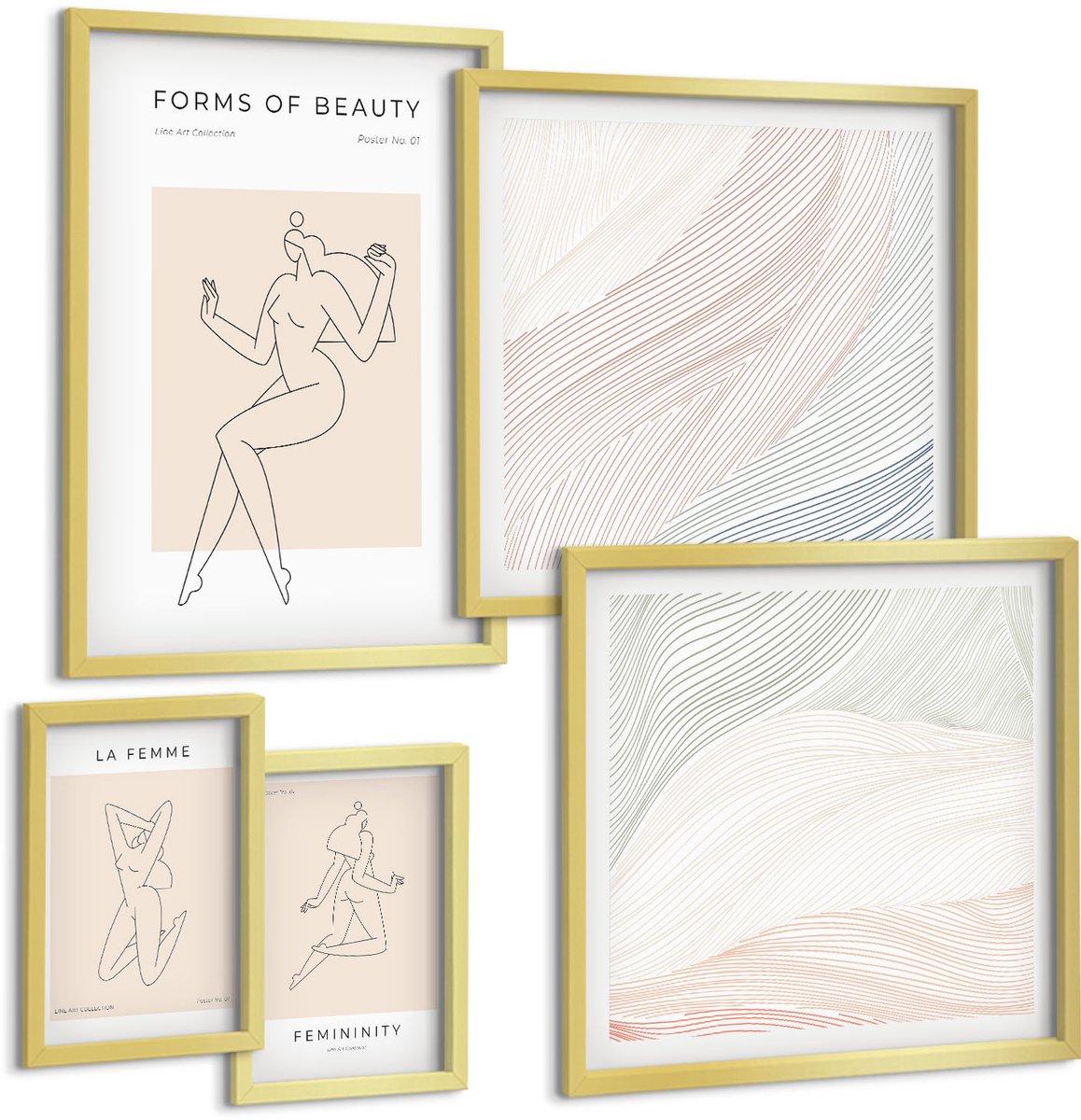TULUP 5-Delige Schilderij Set - Prachtige vormen, lijnen en silhouetten in een minimalistische stijl. - 50 x 50 cm, 20 x 30 cm en 40 x 60 cm - Wanddecoratie - Moderne Interieurdecoratie Gouden lijst
