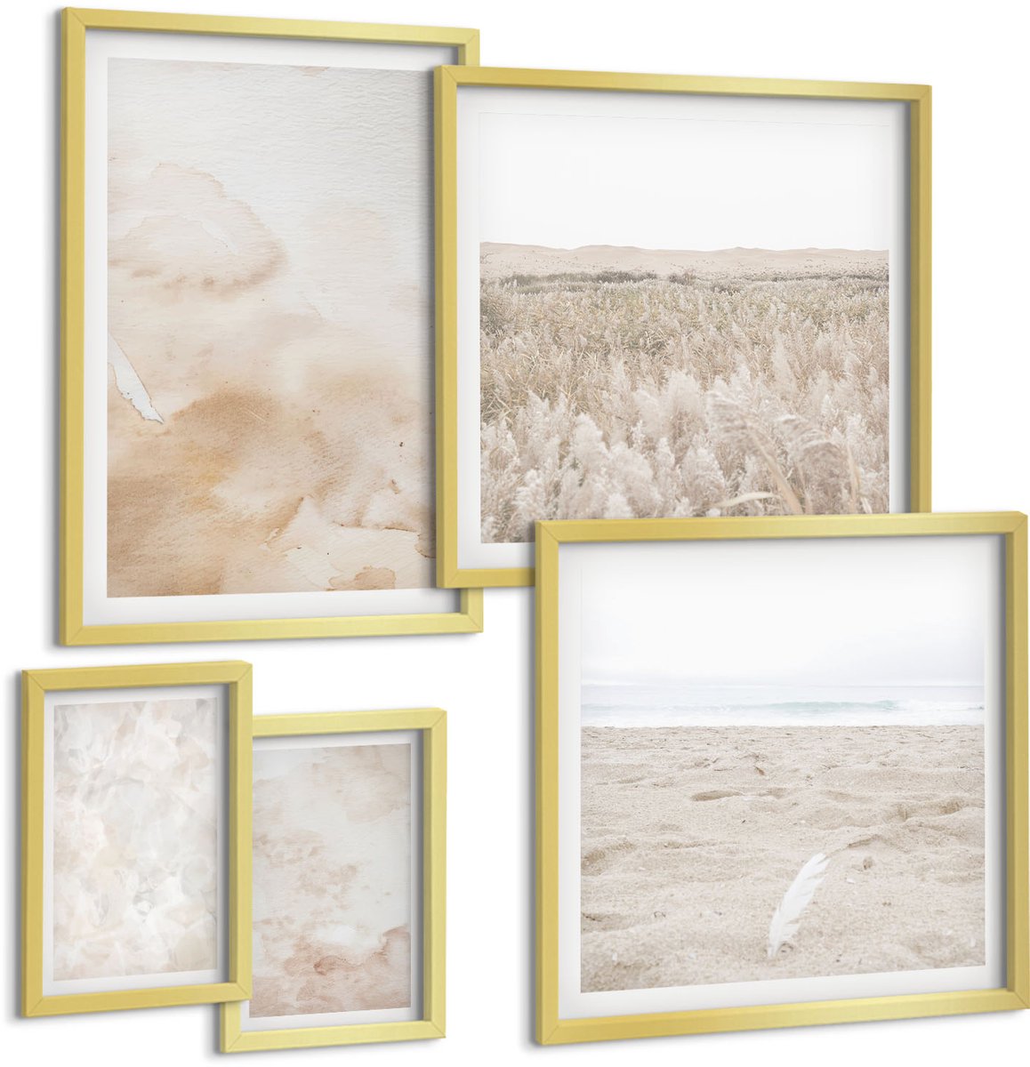 TULUP 5-Delige Schilderij Set - Modieuze texturen in pastelkleuren. - 50 x 50 cm, 20 x 30 cm en 40 x 60 cm - Wanddecoratie - Muurdecoratie - Woonkamer Gouden lijst