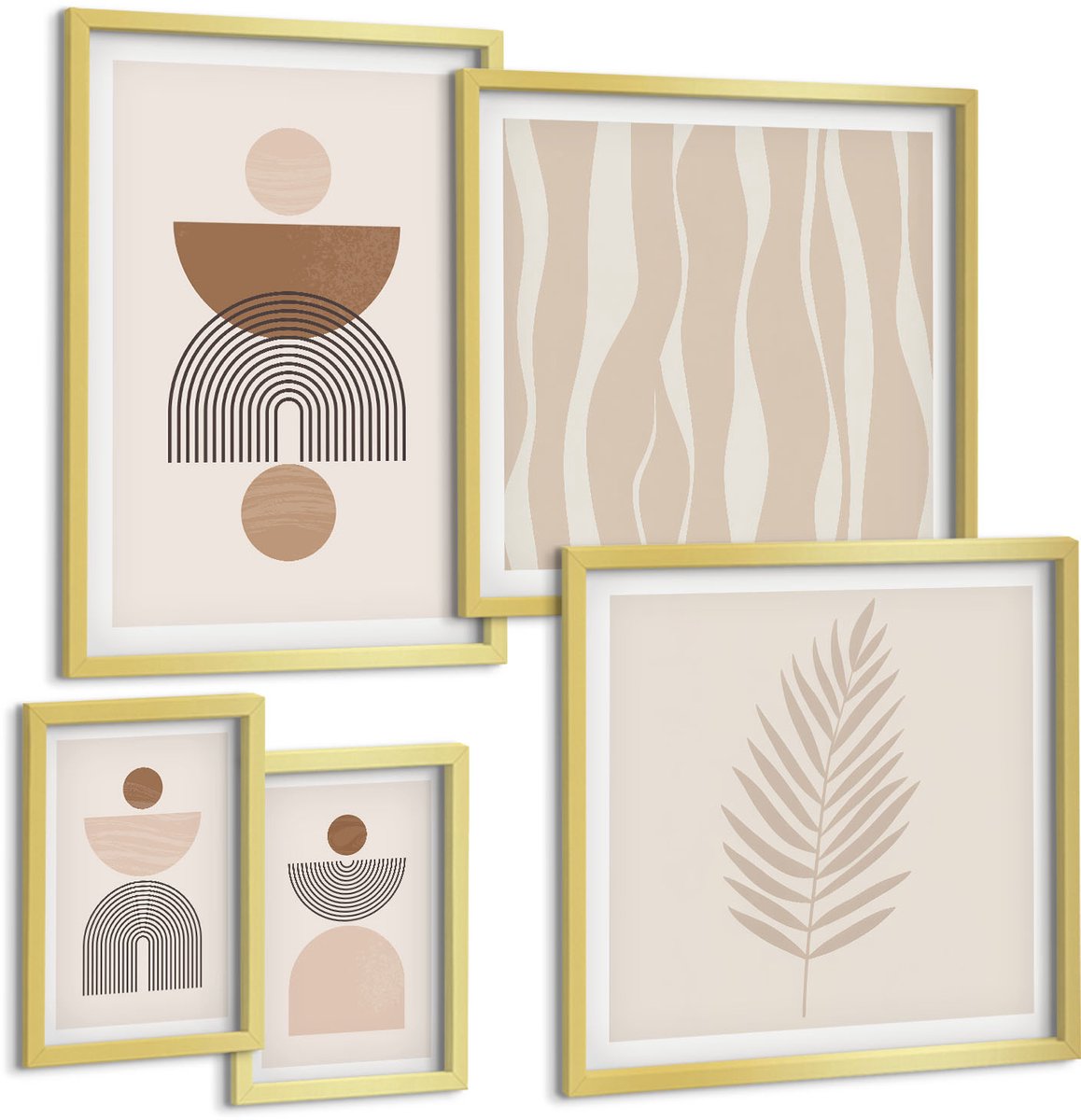 TULUP 5-Delige Schilderij Set - Abstracte geometrische vormen in natuurlijke tinten. - 50 x 50 cm, 20 x 30 cm en 40 x 60 cm - Decoratieve Muurdecoratie - Slaapkamer - Woonkamer Decoratie Gouden lijst