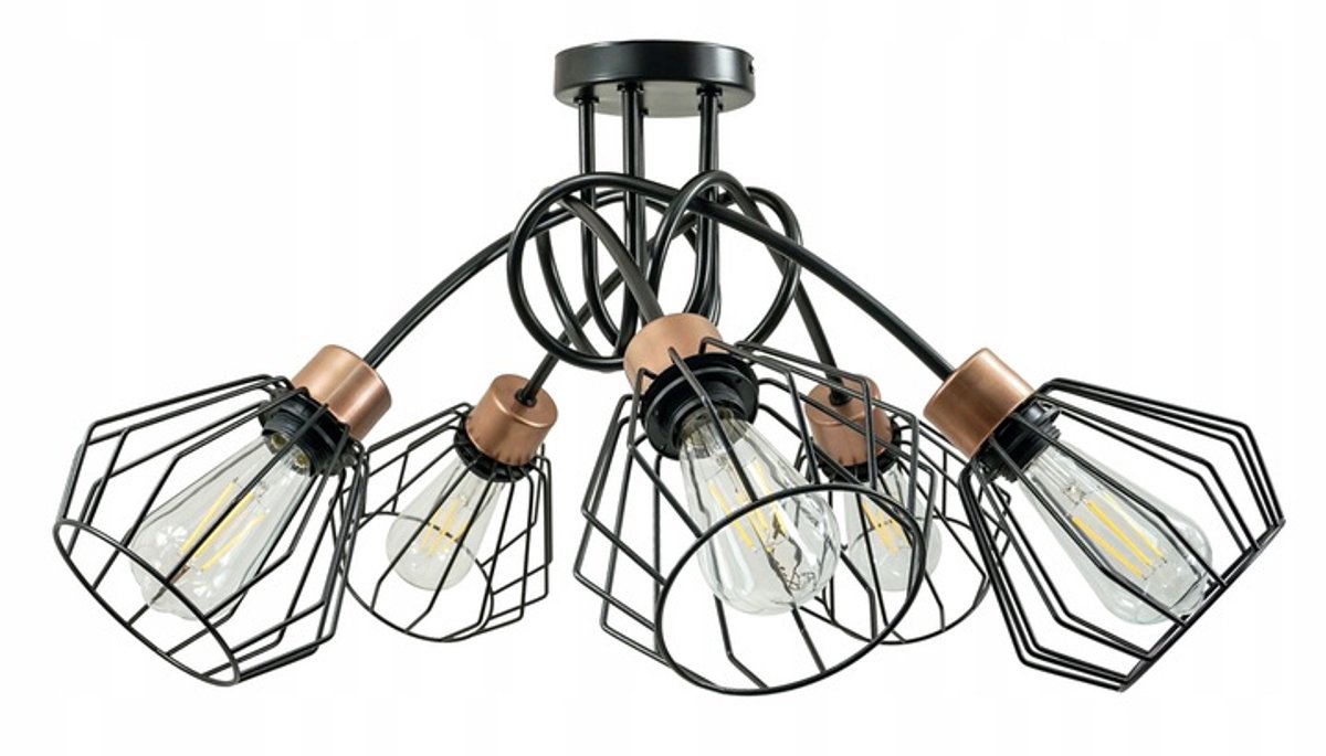 Hanglamp Loft Metaal Zwart Koper 5x E27 Diamant Draad