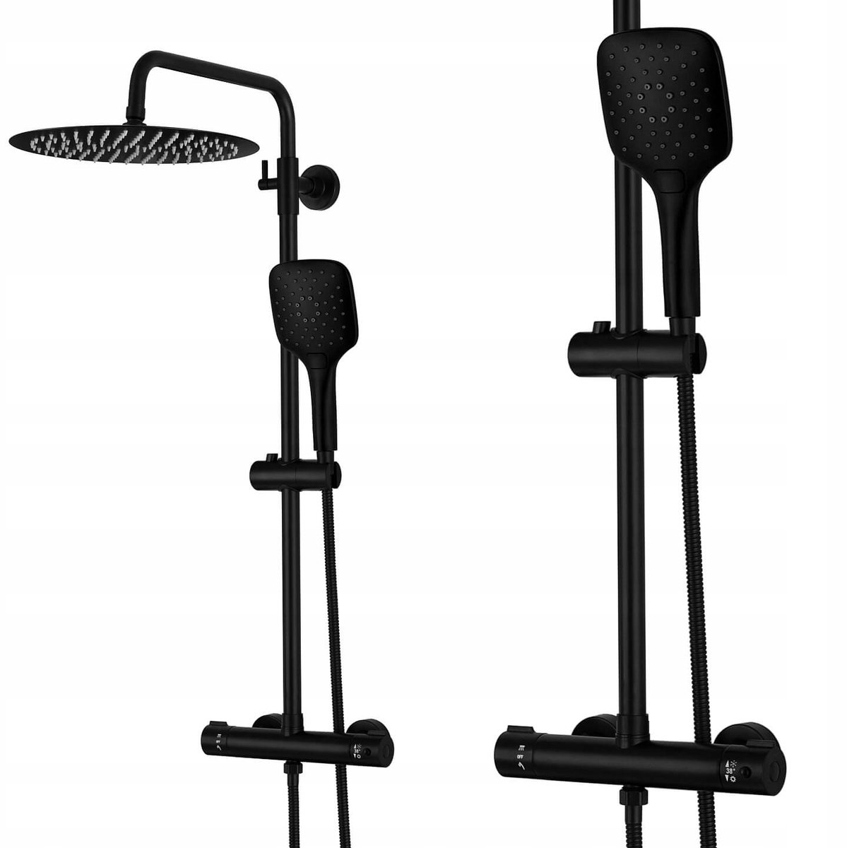 Merkloos Zwart Douchekolom Set met Thermostaatkraan - 30cm Douchekop