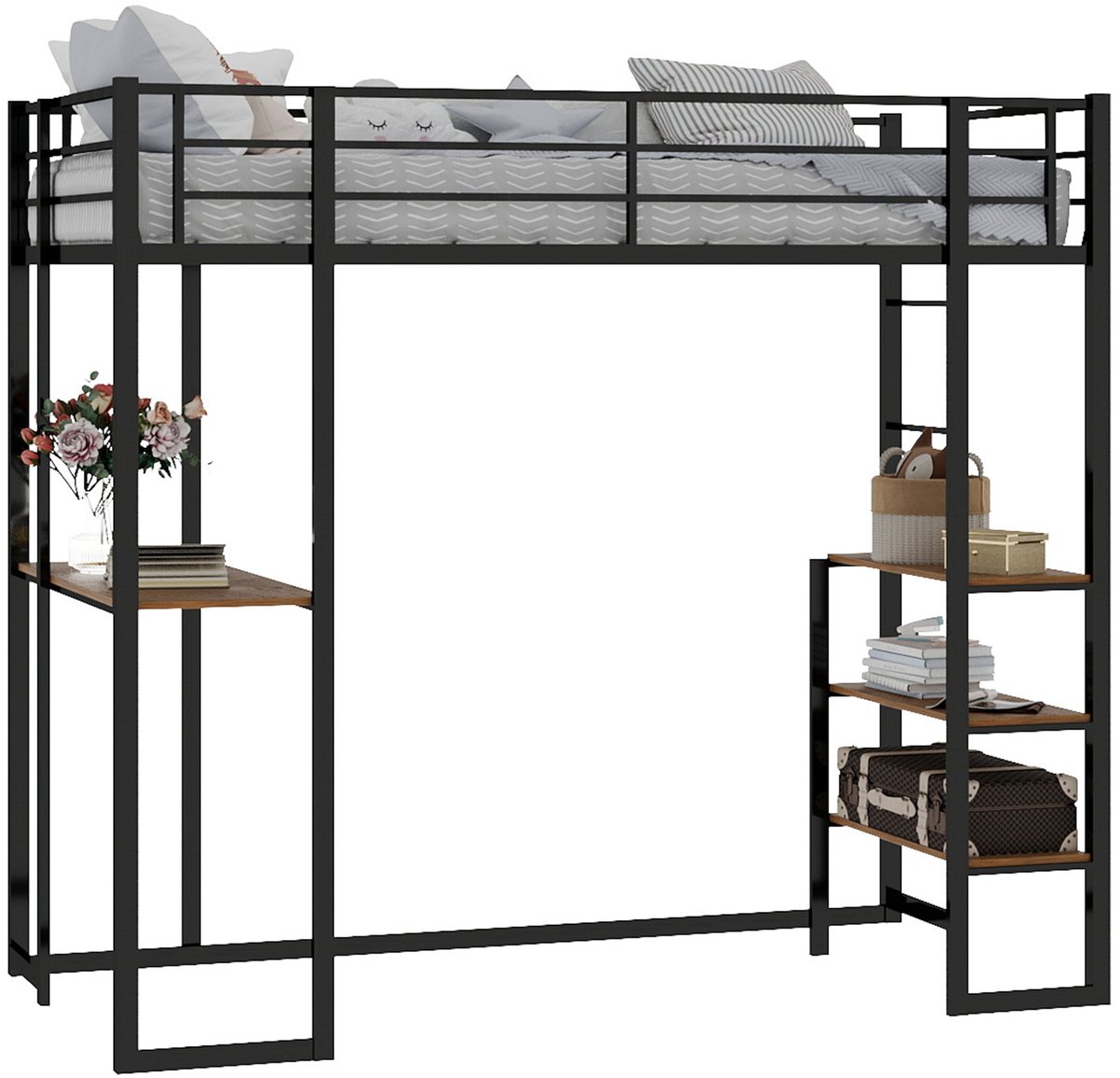 MEUNIQ metalen hoogslaper met bureau en opbergruimte, met dubbele ladder, voor kinder- en jeugdkamer, zwart Wit