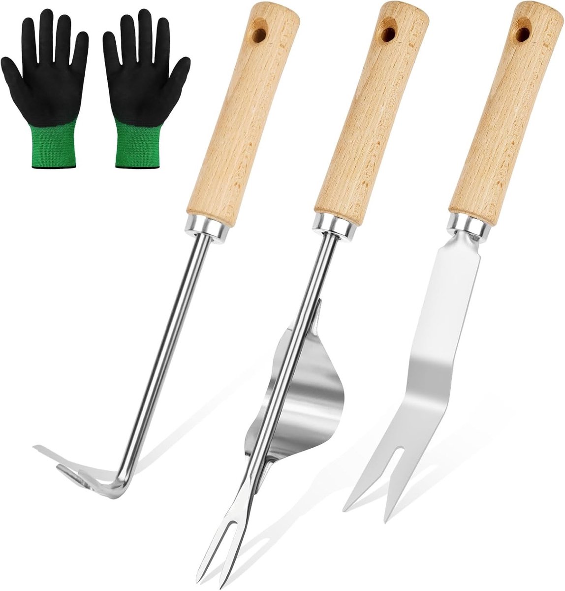 Tuinharkjes klein - Houtkleur en Roestvrijstaal - 4-delige Set - Handmatige Onkruidverwijderaar met Handschoenen - Voor Tuinieren en Verplanten