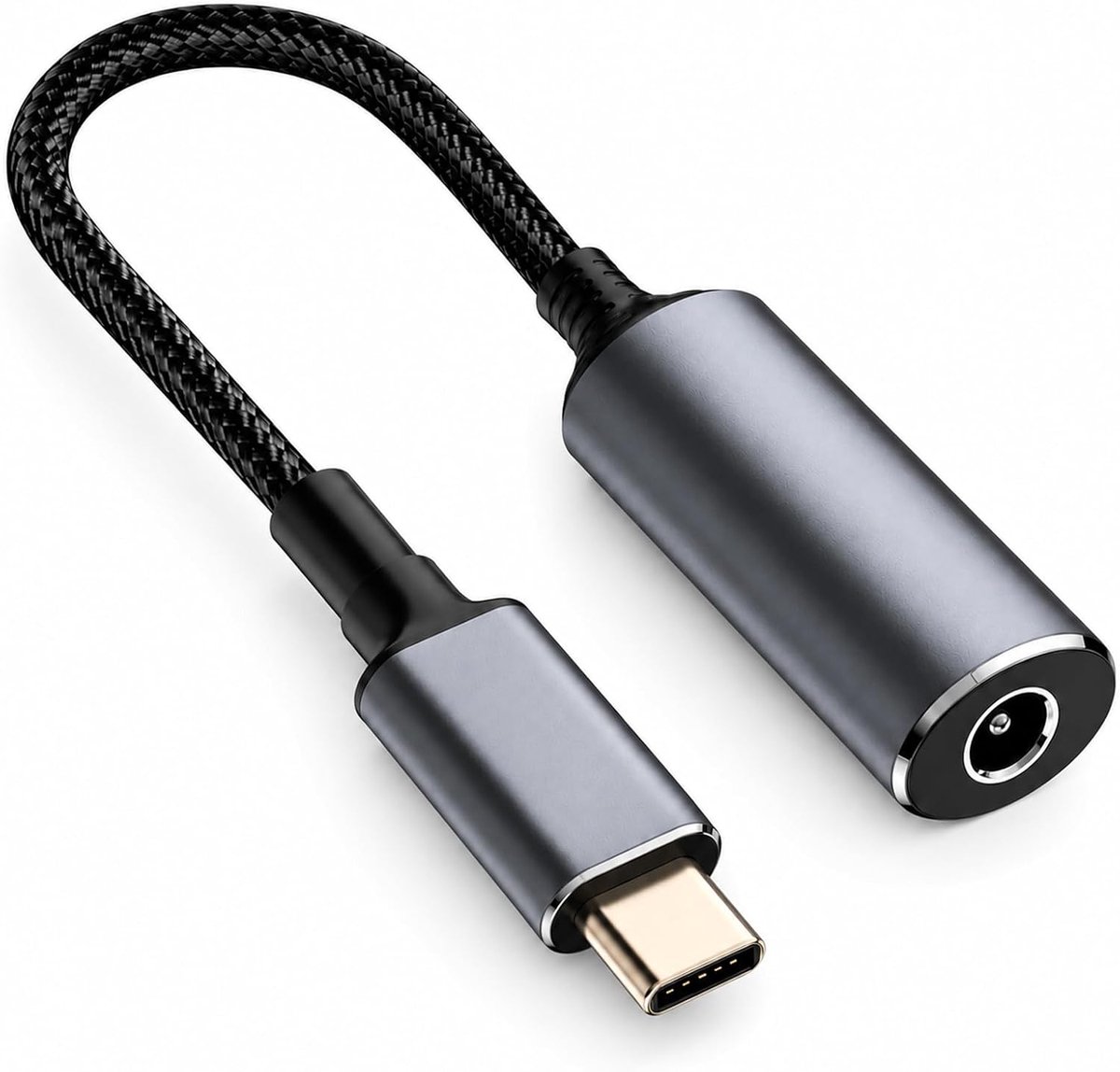 Zolara DC naar USB C-adapter, DC 5,5 x 2,1 mm bus naar USB C-stekker, vermogen 140 W, 17 cm korte adapter met nylon - ShopVlot