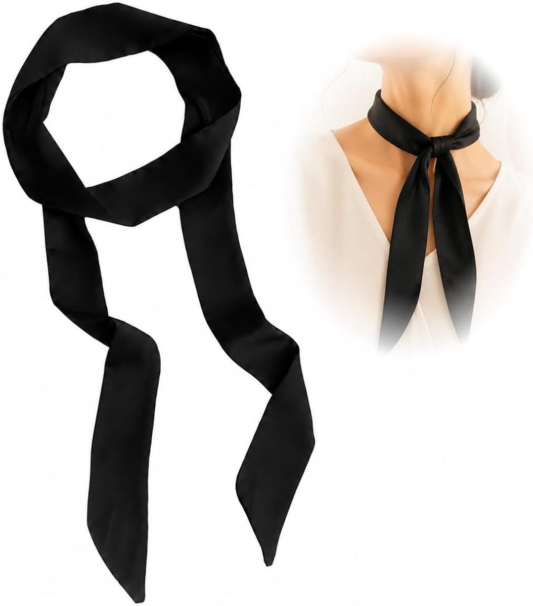 Zolara Zwarte satijnen riem voor dames, skinny sjaal, 190 x 5 cm, smalle sjaal in zwart, elegante halsdoek voor - ShopVlot