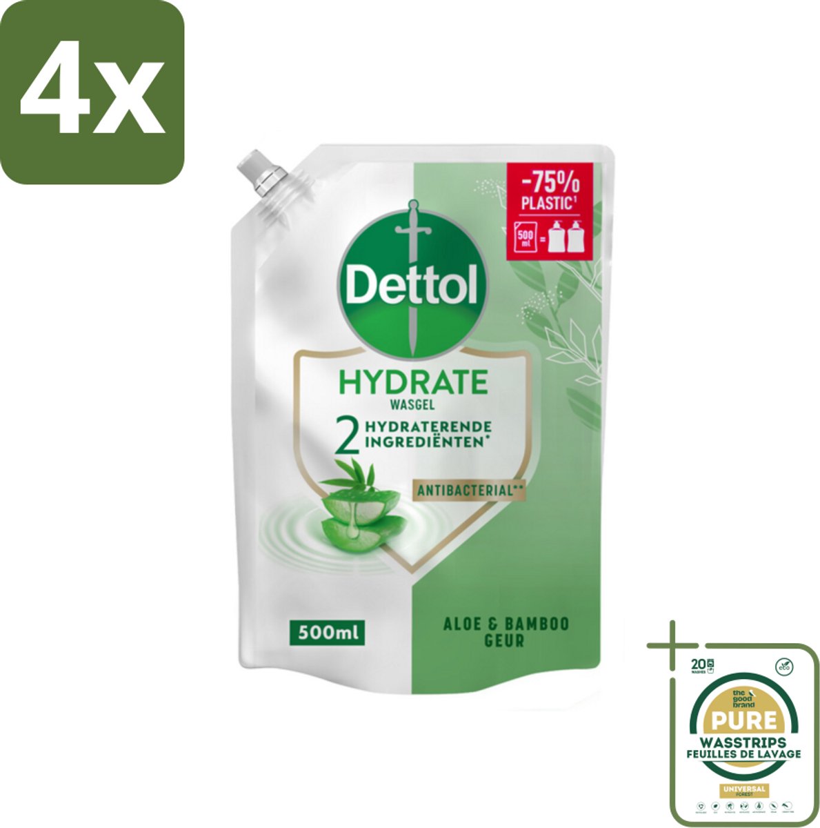 Dettol - Handzeep Navulling - Hydrate - Aloë Vera & Bamboe - 500 ml - Voordeelverpakking - 4 stuks - Aloë vera handzeep - Bamboe handzeep