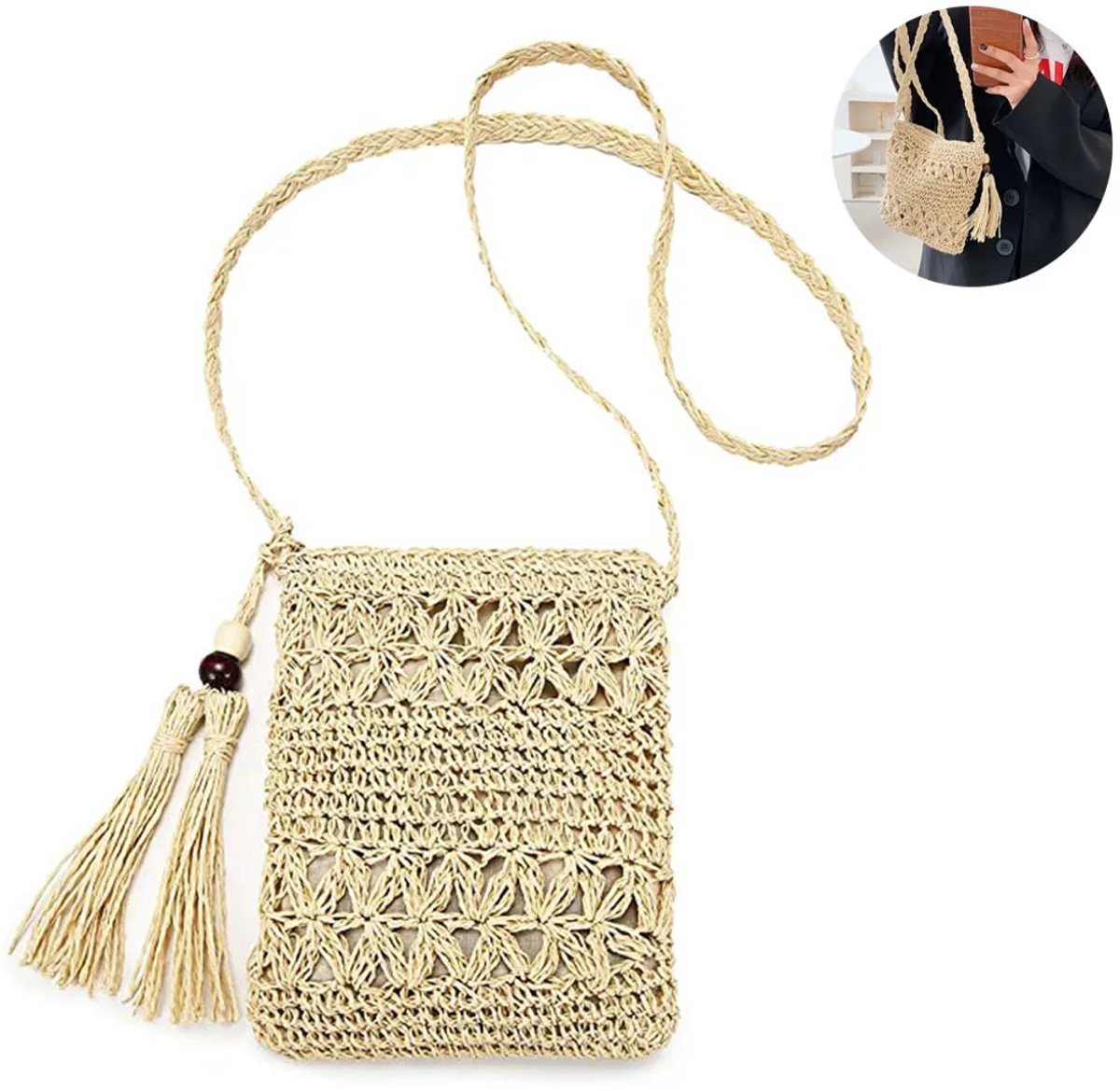 Stro crossbodytas, dames schoudertas, zomerse retro strandtas, handgemaakte shopper, geweven draagtas, dames stro gebreide messengerbag (beige)