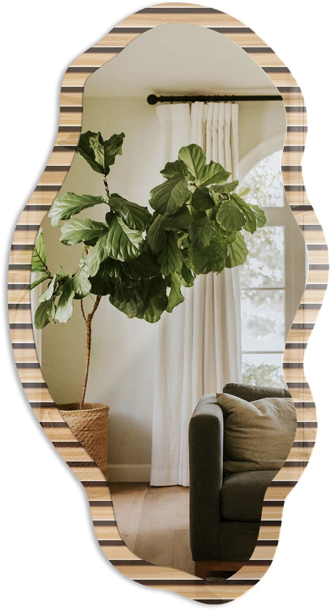 TULUP Houten Stroken Spiegel - Beige Rechthoekige Spiegel Voor Interieur - Organische Spiegel - Woonkamer, Kantoor, Hal - Modern - 45x90 cm - Totale afmeting 52x97 cm Houten Strepen, Beige