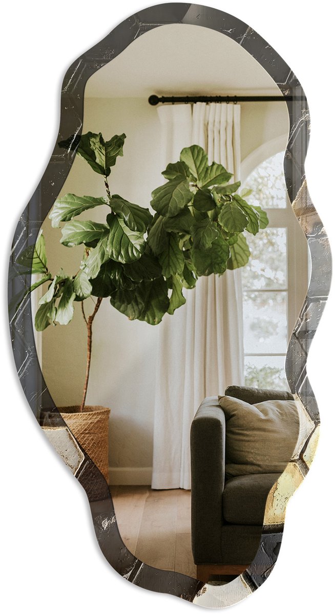 Tulup Geometrische Tegels Spiegel - Zwart Rechthoekige Spiegel Voor Interieur - Organische Spiegel - Badkamer, Keuken, Woonkamer - Geometrisch - 45x90 cm - Totale afmeting 52x97 cm