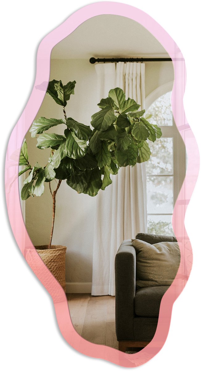 TULUP Zachte Helling Spiegel - Roze Stijlvolle Wandspiegel - Organische Spiegel - Slaapkamer, Kantoor, Woonkamer - Klassiek - 45x90 cm - Totale afmeting 52x97 cm Zachte Kleurovergang, Roze