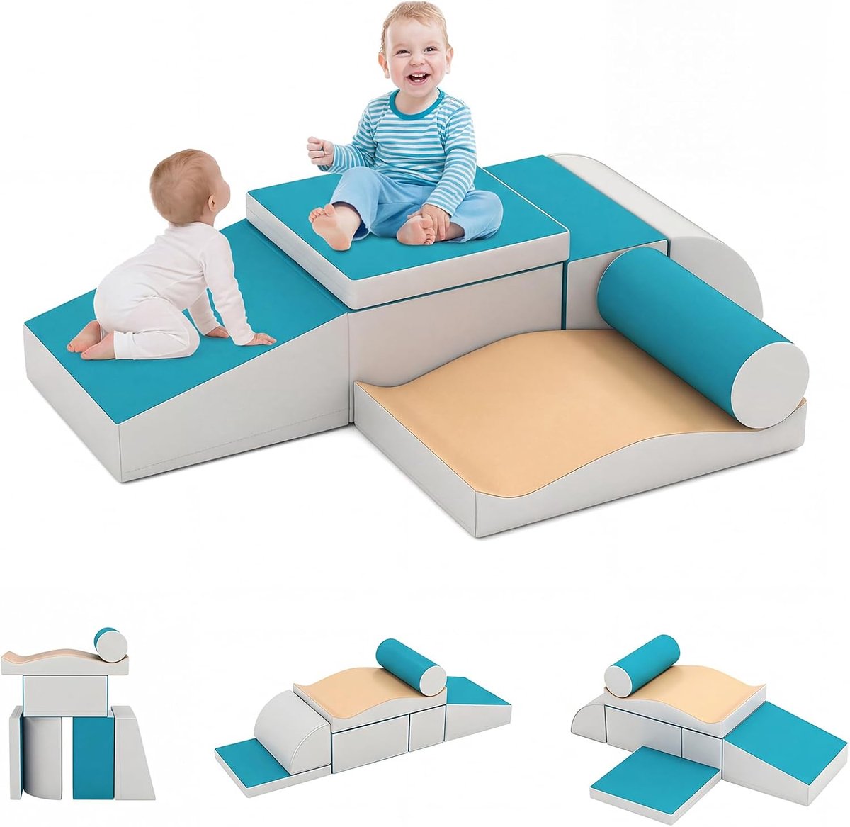 COSTWAY 7 stuks Baby Motoriek Parcours in Schuim met PU Hoes, Baby Motoriek Module met Diverse Kleuren & Vormen, Educatief Speelgoed voor Kruipen en Klimmen, Gemakkelijk Schoon te Maken, 18 Maanden+ (Meerkleurig)