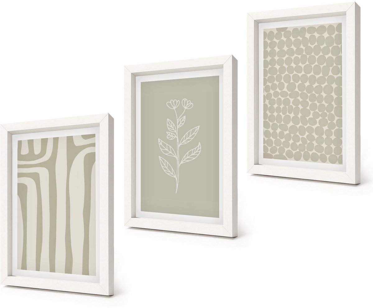 Coloray 3-Delige Schilderij Set - Plantaardige en geometrische patronen in ingetogen kleuren. - 20x30 - Moderne Wanddecoratie - Slaapkamer