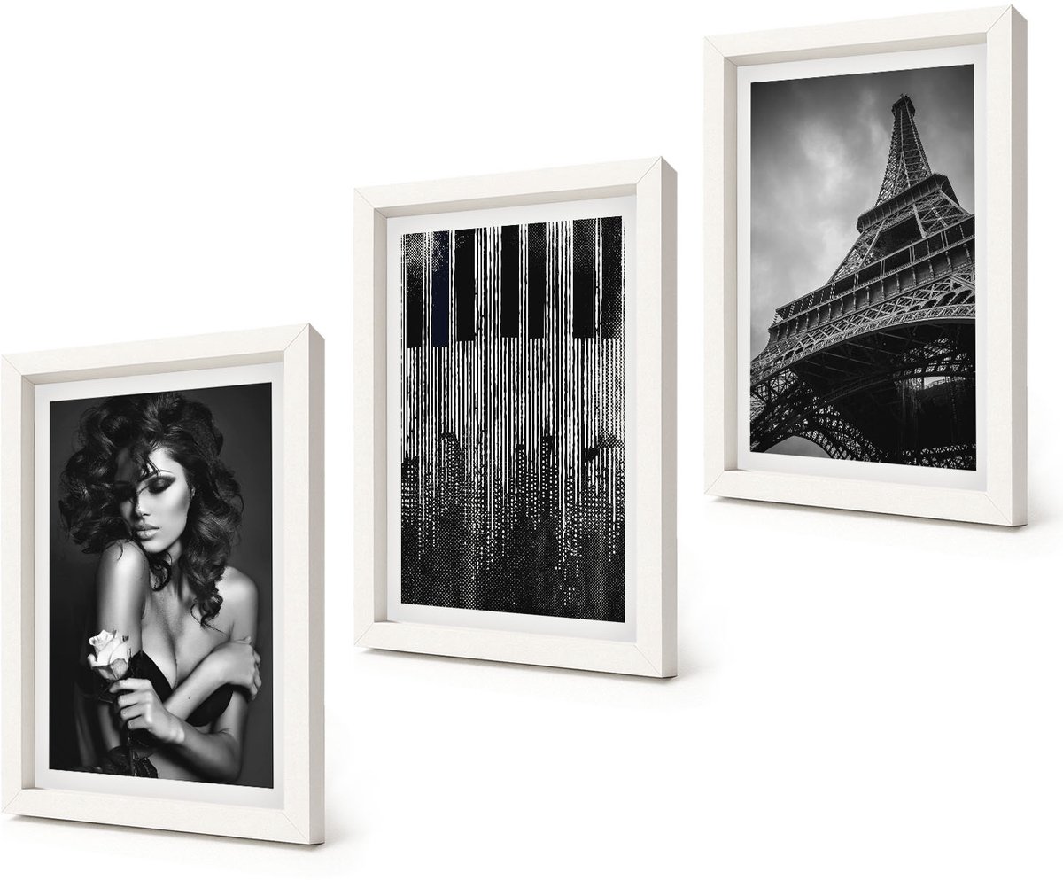 Coloray 3-Delige Schilderij Set - Portret van een vrouw met een roos, de Eiffeltoren en een pianopatroon - 20x30 - Schilderijen Set - Wanddecoratie - Woonkamer - Moderne Wanddecoratie