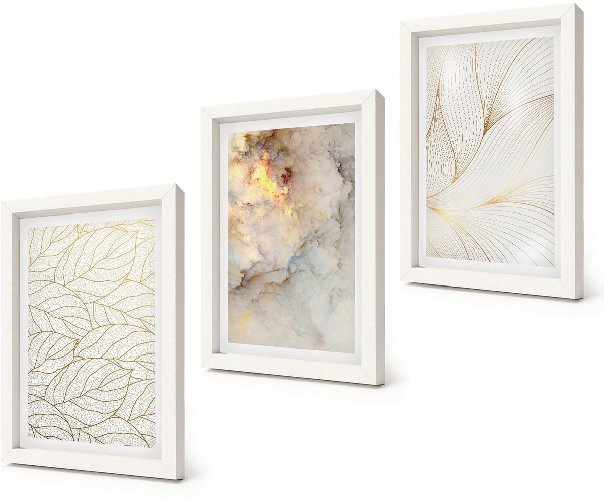 Coloray 3-Delige Schilderij Set - Lineaire bladpatronen Abstract marmer - 20x30 - Muurdecoratie - Interieur Decoratie - Woonkamer Decoratie