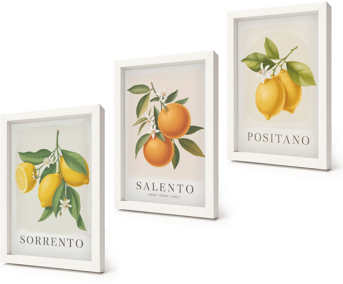 Coloray 3-Delige Schilderij Set - Citroenen en sinaasappels van de Amalfikust in Italië - 20x30 - Muurdecoratie - Wanddecoratie - Slaapkamer - Stijlvolle Muurdecoratie