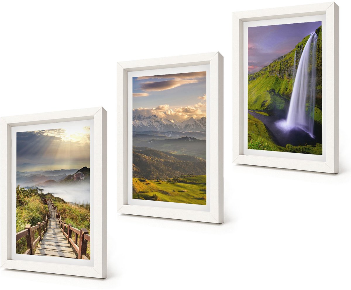 Coloray 3-Delige Schilderij Set - Schilderachtige berglandschappen met een waterval en een pad. - 20x30 - Wanddecoratie - Woonkamer Decoratie - Interieur Decoratie